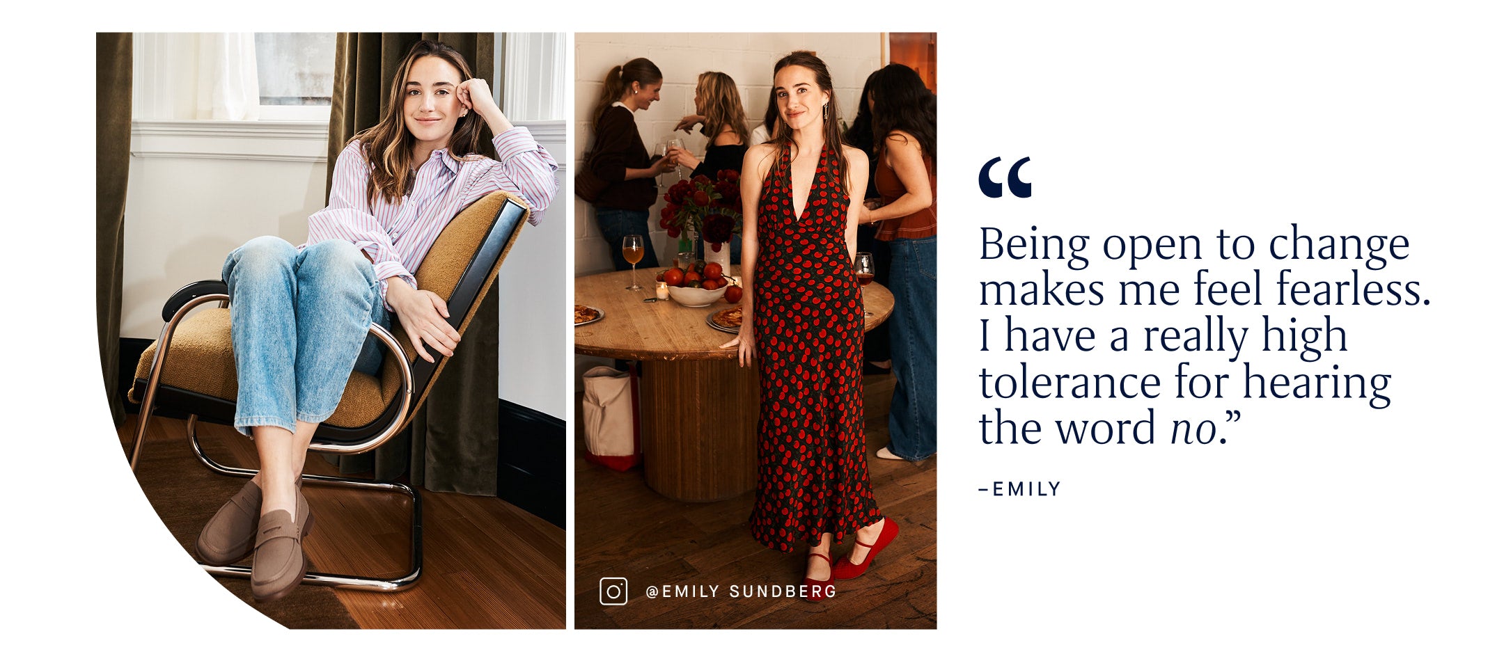 Two women in different settings with a quote attributed to Emily Sundberg.