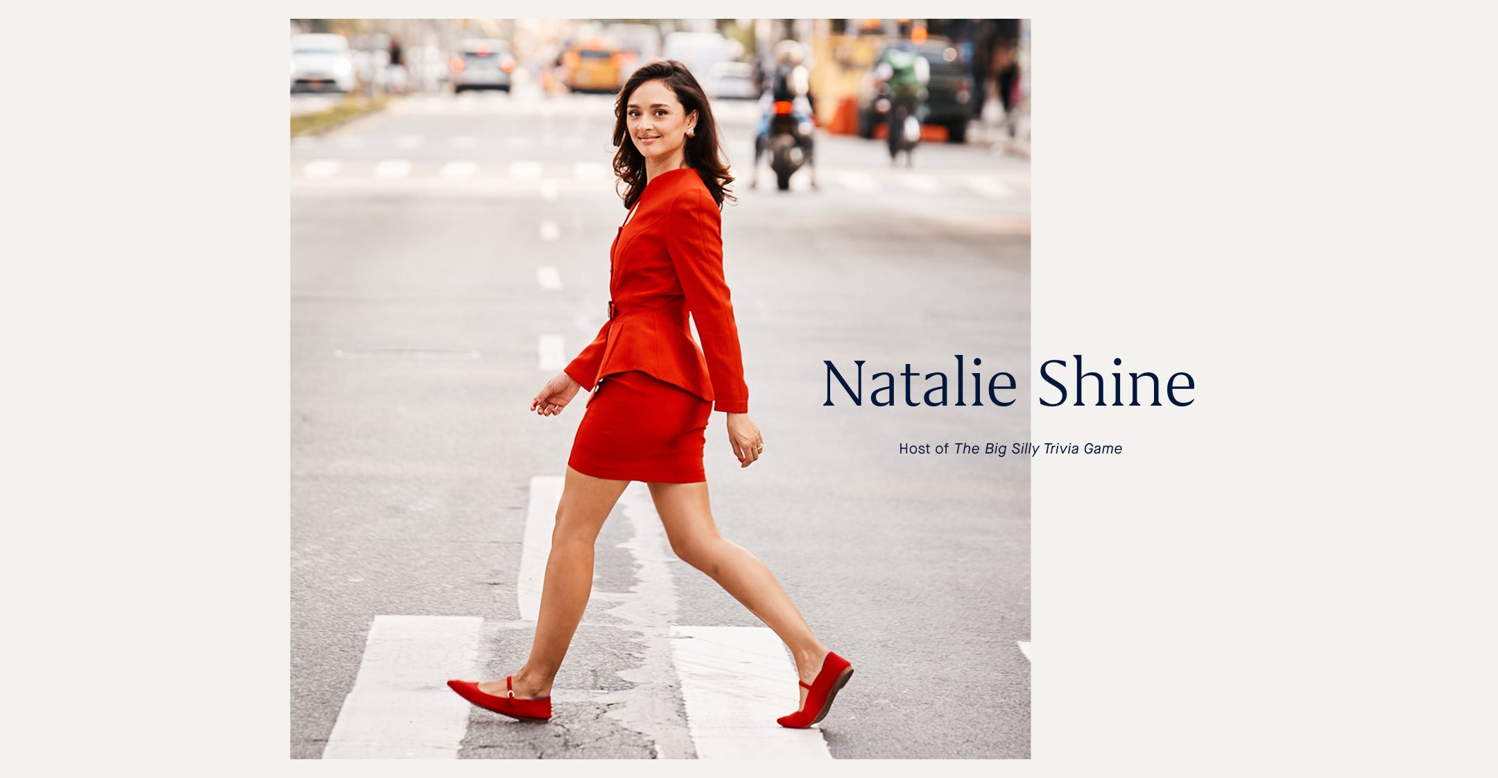 Woman in The Point Mary Jane in red walking on a city street with 'Natalie Shine' text overlay.