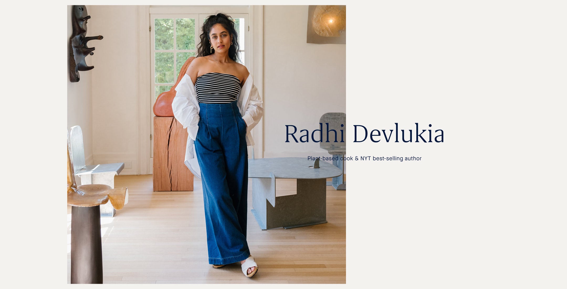 Woman in The Weekend Slide outfit with text overlay about Radhi Devlukia.
