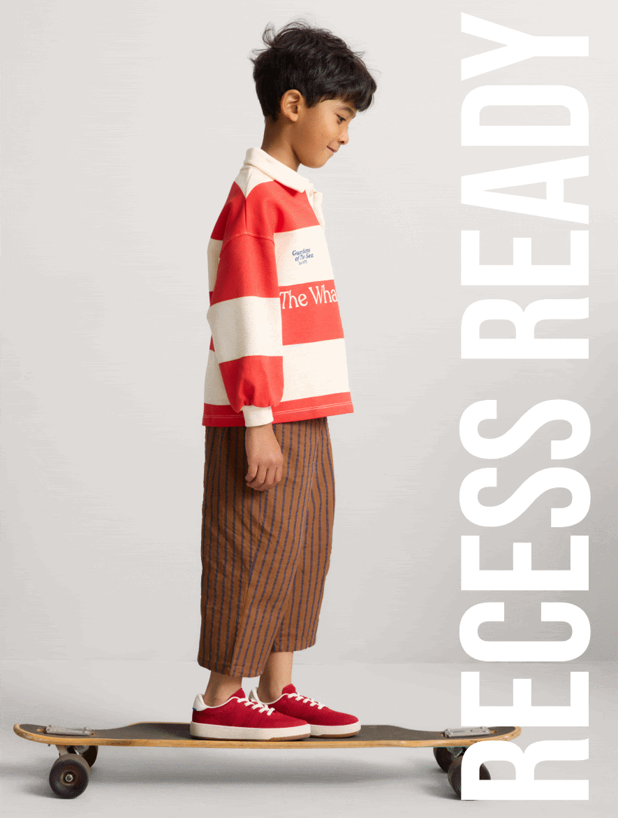 Child wearing The Kids MJ Sneaker in Desert Cat, with text overlay 'Recess Ready.'