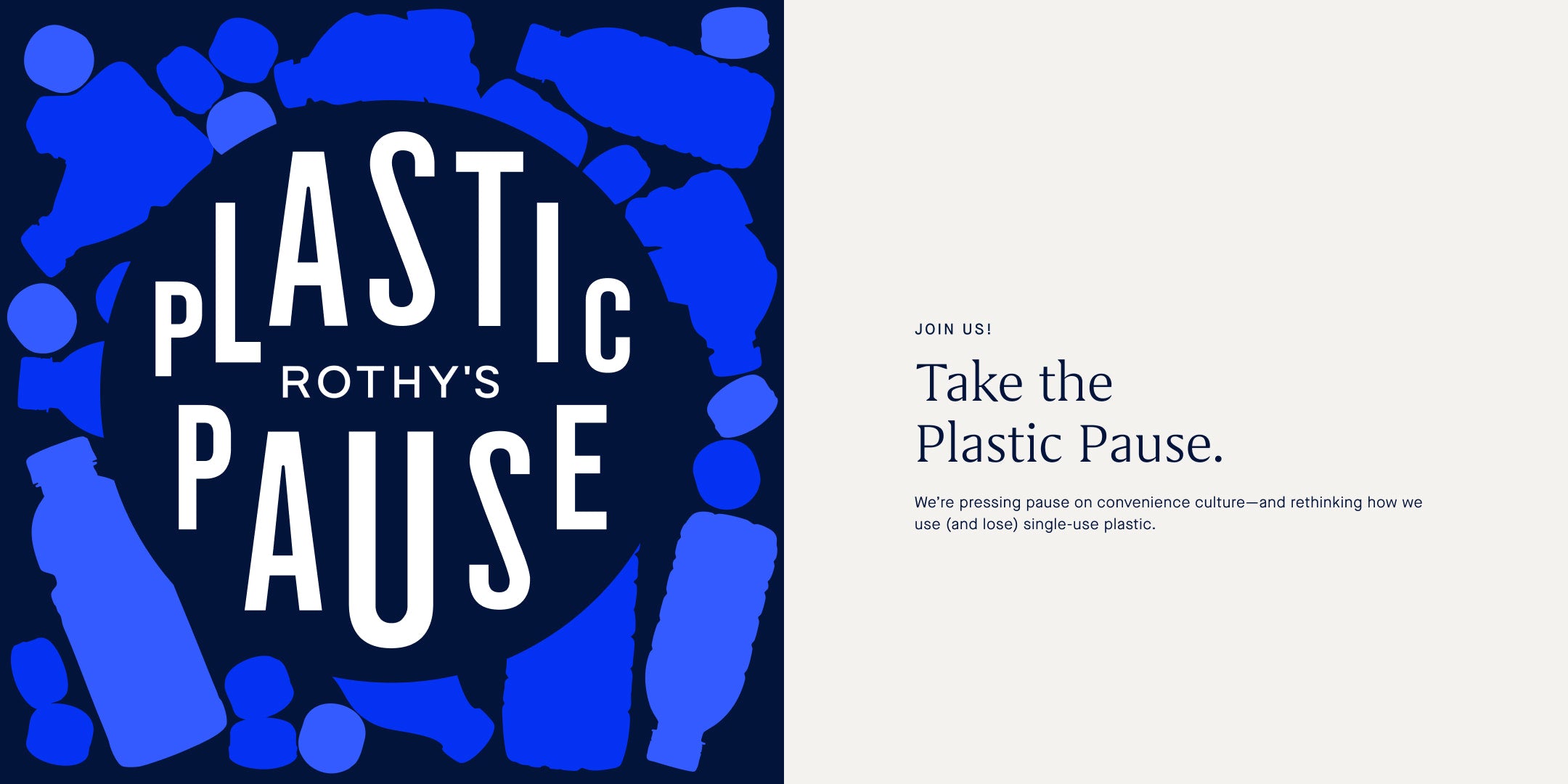 Promotional graphic for Rothy's Plastic Pause initiative with blue footprints and text.