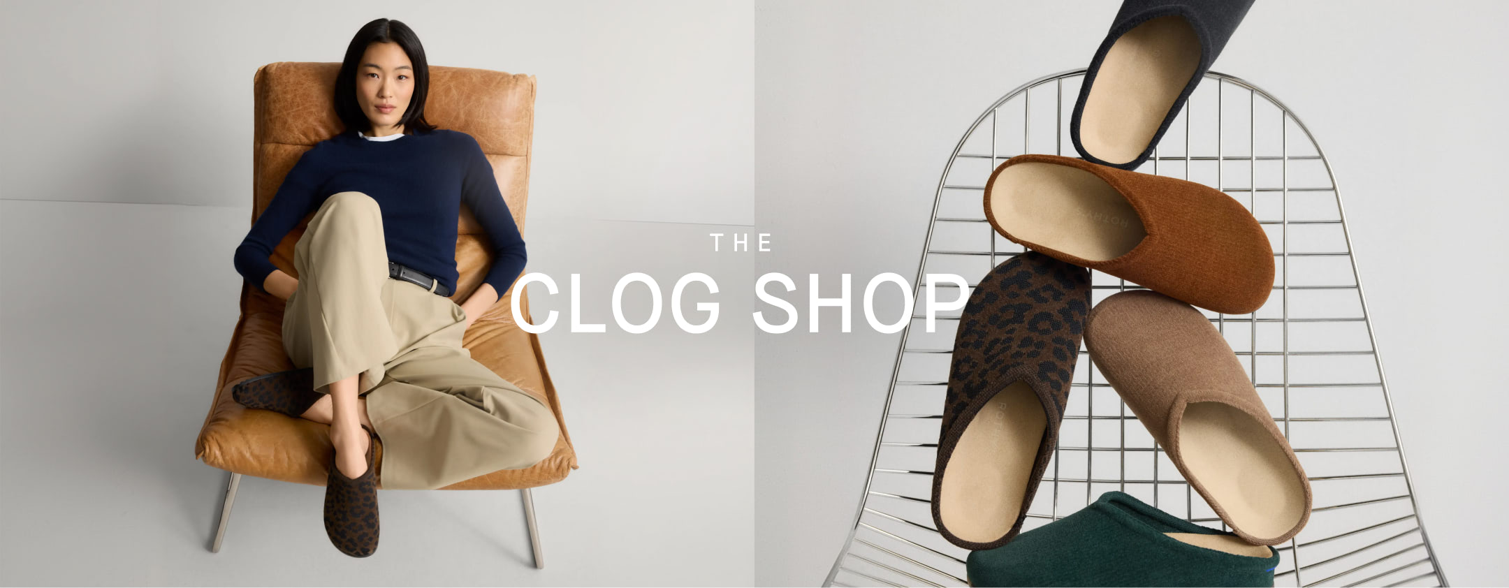 Model wearing The Casual Clog in ReVelvet Cheetah, and collection shot of The Casual Clog in ReVelvet Russet, ReVelvet Pine, ReVelvet Khaki Cat, ReVelvet Black. WIth text overlay, 'The Clog Shop.'