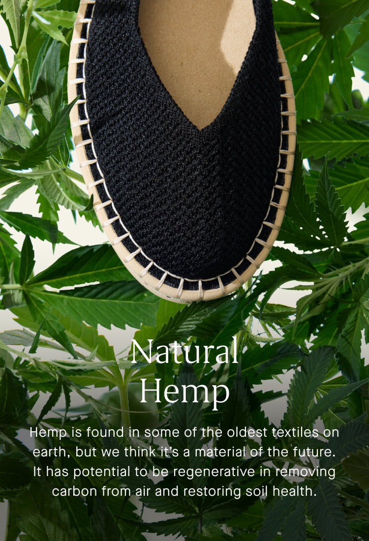 An image of a black shoe over a background of hemp leaves, and copy overlay reading "Natural Hemp | Hemp is found in some of the oldest textiles on earth, but we think it’s a material of the future. It has potential to be regenerative in removing carbon from air and restoring soil health."