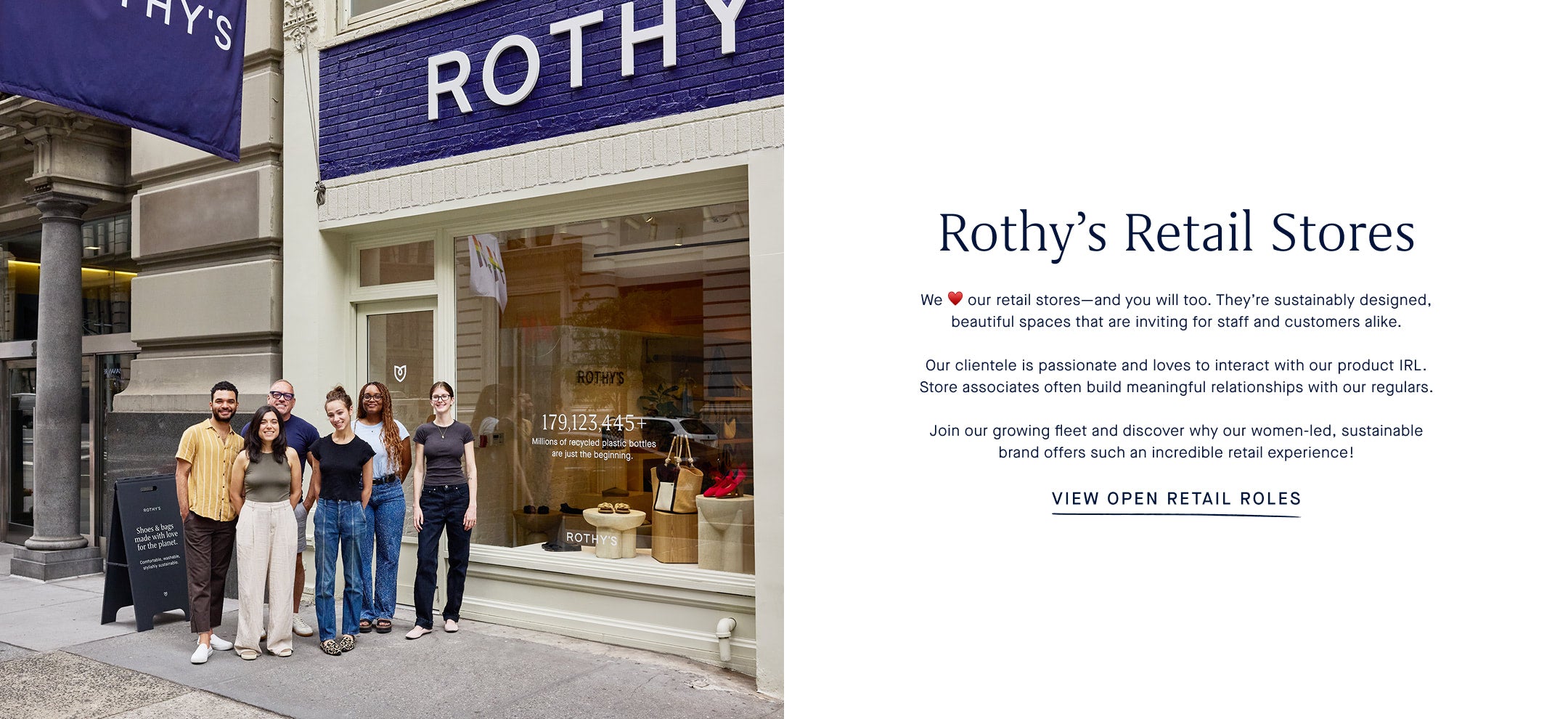 Rothy's Retail Store Image with store associates looking at a design board, copy over image talks to open retail roles at Rothy's.
