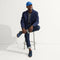 Alternate view of a model wearing The Oxford in Night Navy. 