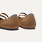 Close up of the heel of The Double Buckle Mary Jane in Java Chip, with Rothy's signature blue halo.