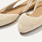 Close up of the strap on The Almond Slingback in Off White Mesh, with Rothy's signature blue halo.
