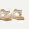Close up of the heel of The T-Strap Sandal in Cream Puff, with Rothy's signature blue halo. 