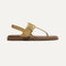 The T-Strap Sandal in Metallic Golden Sun, shown from the side. 