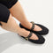 hover | Model wearing The Max Buckle Mary Jane in Black Mesh.