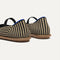 Close up of the heel of The Cruiser Mary Jane in Toffee Stripe, with Rothy's signature blue halo. 