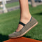 Another view of a model wearing The Cruiser Mary Jane in Toffee Stripe.