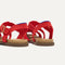 Close up of the back heel strap of The Fisherman Sandal in Scarlet.
