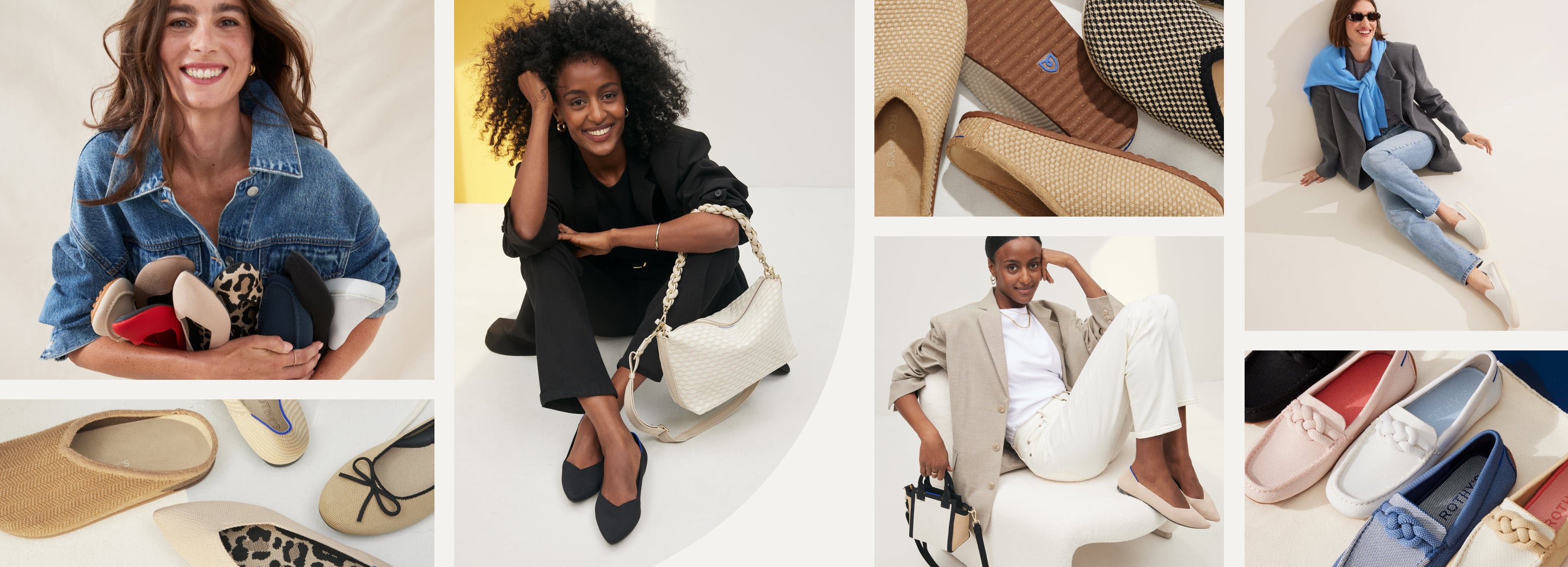 A collage of models wearing various styles of Rothy's, including The Point II and The Original Slip On Sneaker.