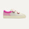The Kids Strap Sneaker in Pink Taffy shown from the side. 