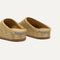 Close up of the heel of The Casual Clog in Metallic Golden Crochet, with Rothy's signature blue halo. 