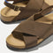 Close up of the crossing knit straps and toe of The Weekend Sandal in Cinnamon.