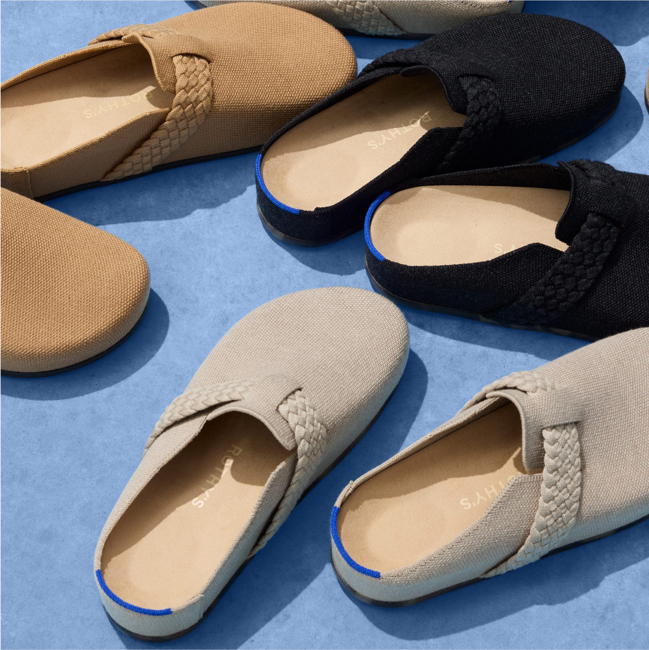 Overhead shot of The Braid Clog in multiple colors.